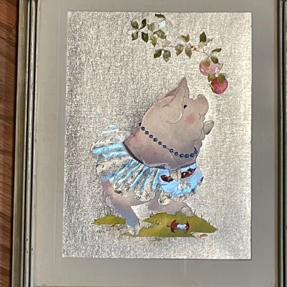 Vintage Framed Foil Pig in Tutu Print, at les, pears, ballet 9 x 11.5 - Picture 2 of 7